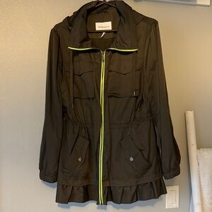 BCBGeneration Army Green Rain Jacket with Neon Accents & Ruffle Hem